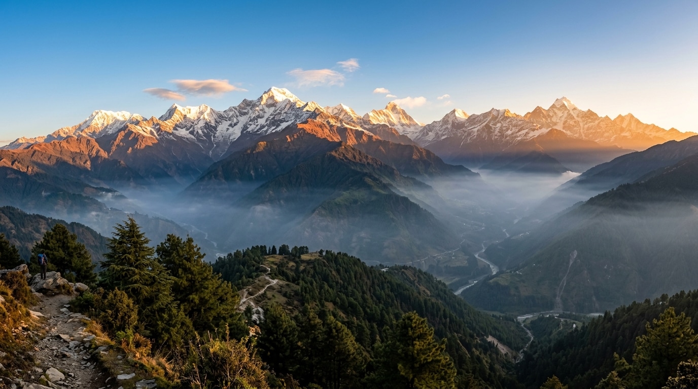 Breathtaking cinematic view of majestic snow-capped Himalayan mountain peaks glowing in morning sunlight above misty pine valleys